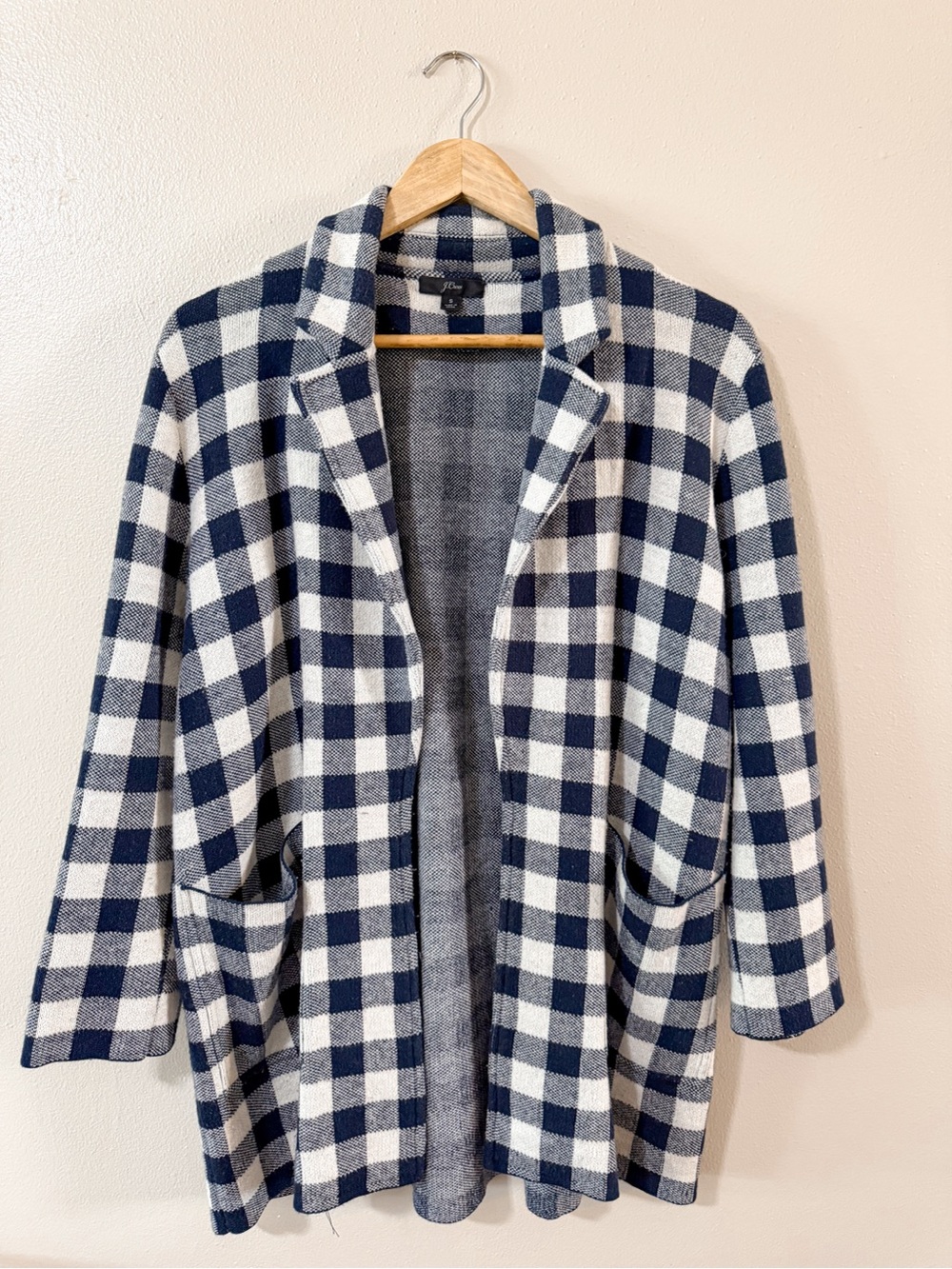 J. Crew | Sophie Gingham Navy Blue & White Merino Wool Blend Open Front Cardigan